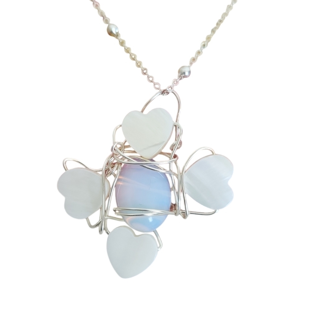Silver Plated Mother of Pearl Heart Opal Cabochon Necklace